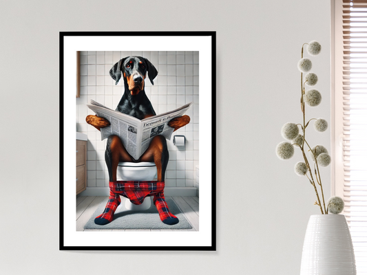 Floppy Ear Doberman on Toilet