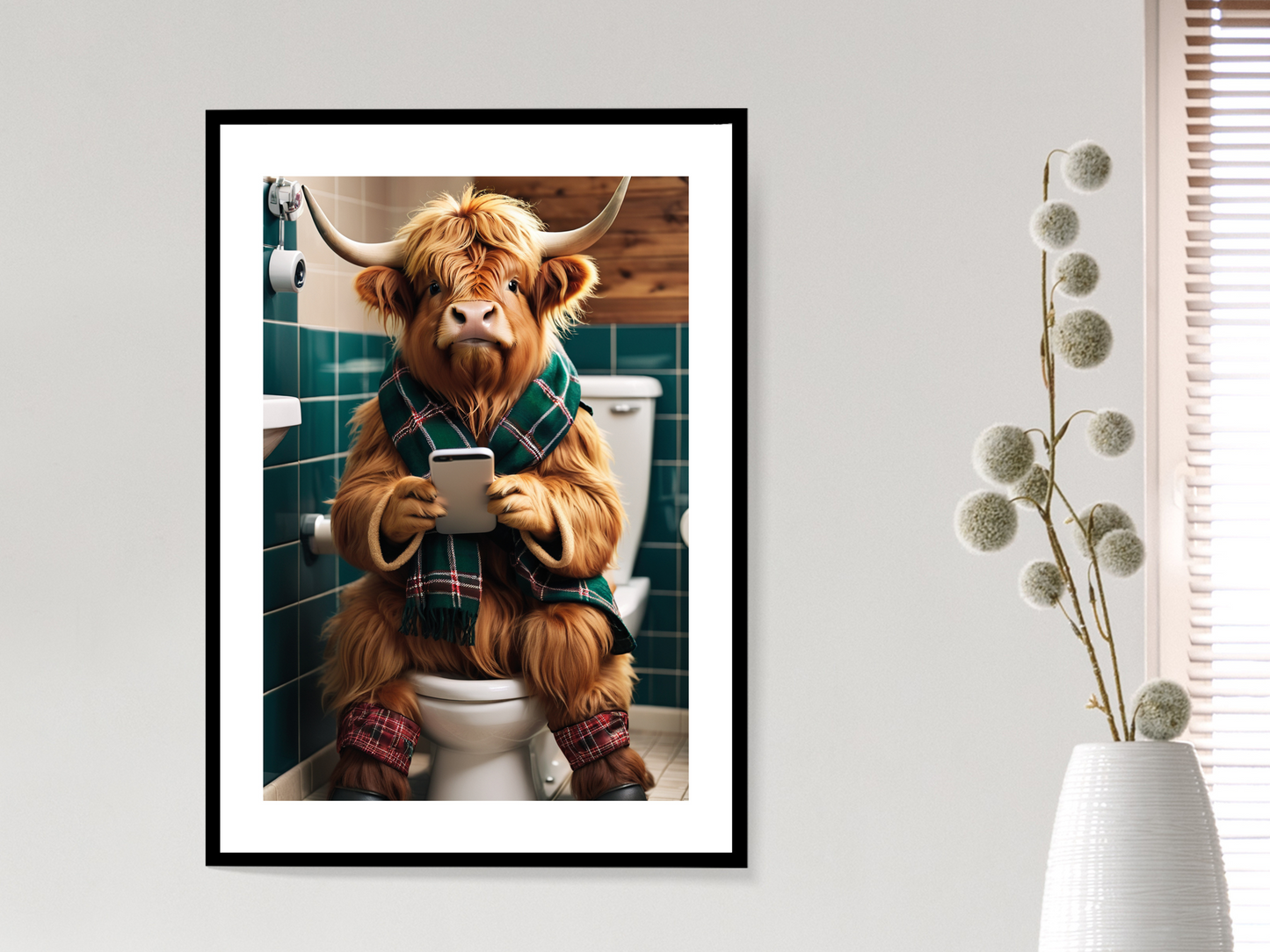 Highland Cow - On Toilet with Phone (Green Tartan Scarf)