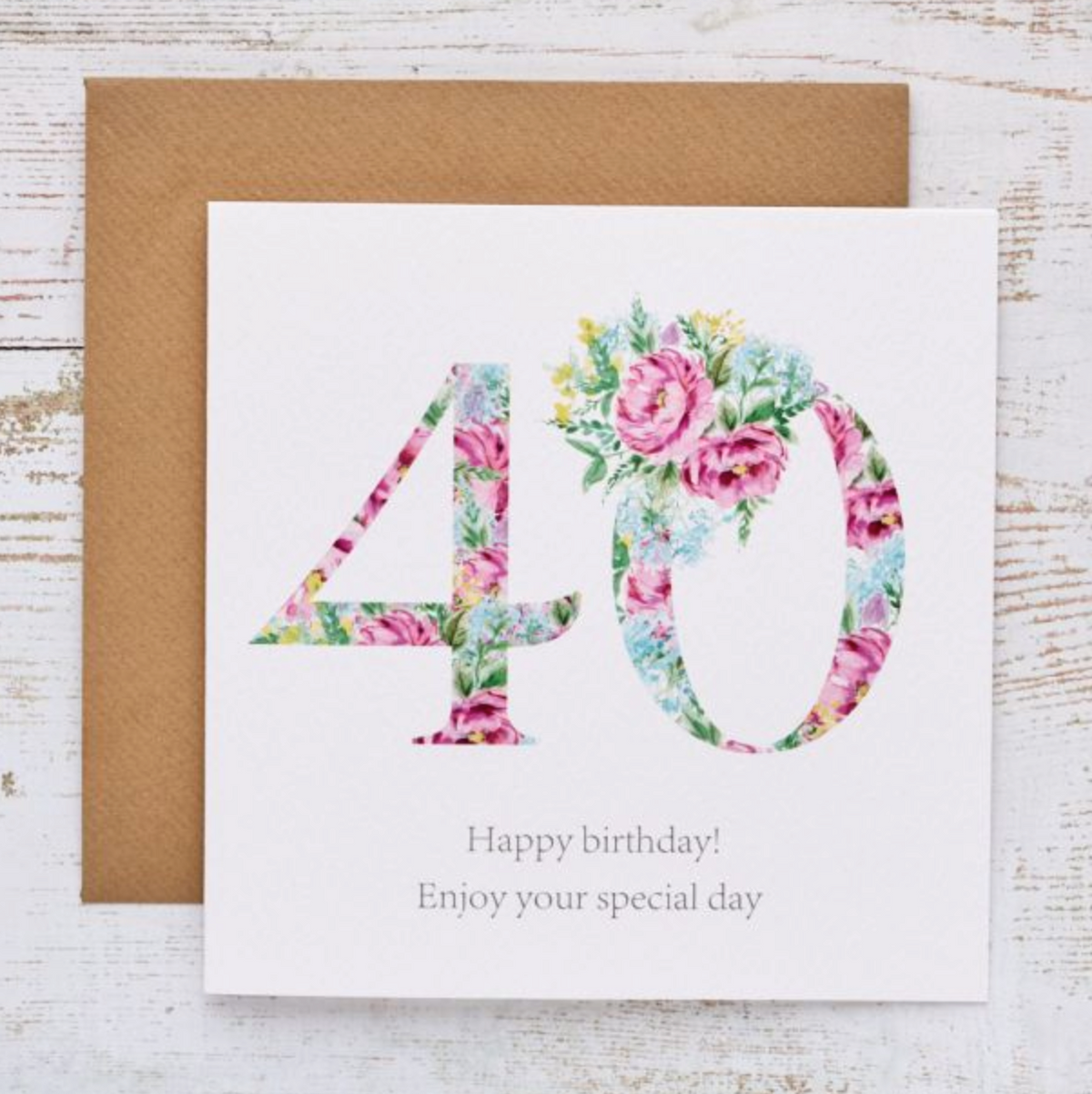 40 Floral Happy Birthday Card with a large 40 filled with pink roses and flowers, with a kraft envelope
