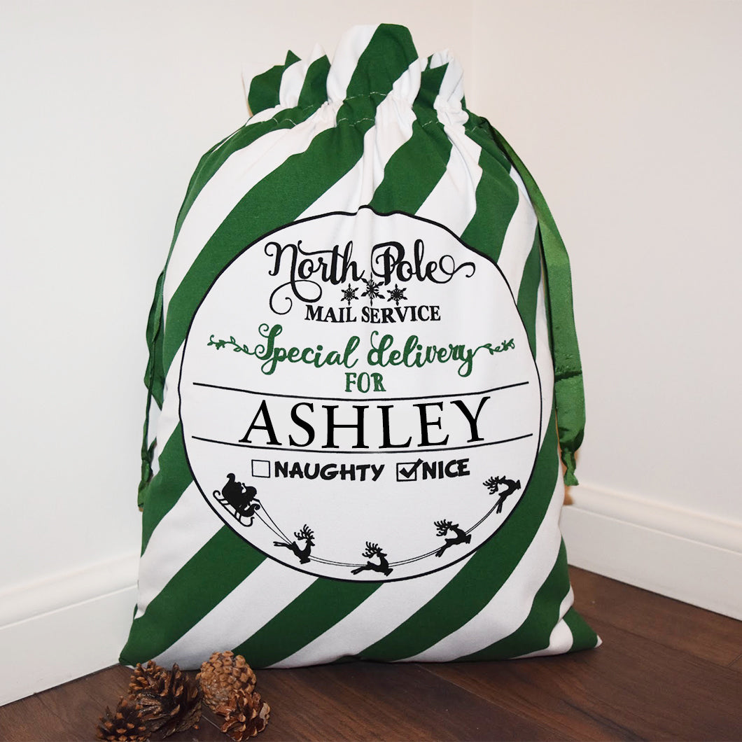 Green Candy Stripe - Personalised Santa Sack
