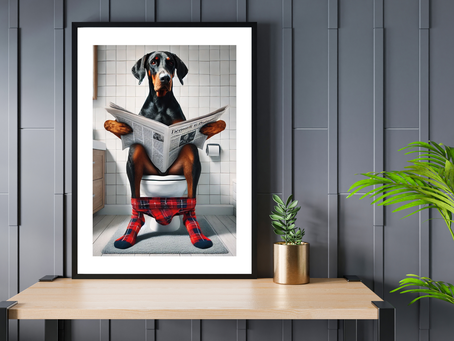 Floppy Ear Doberman on Toilet