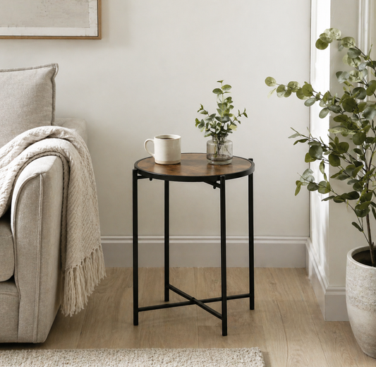 Black Metal End Table With Brown Top 55cm