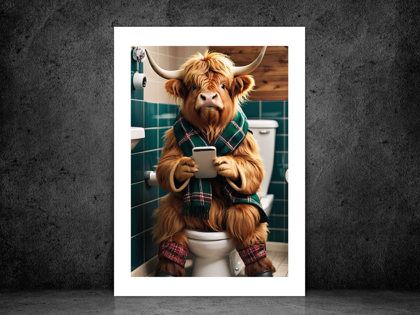 Highland Cow - On Toilet with Phone (Green Tartan Scarf)