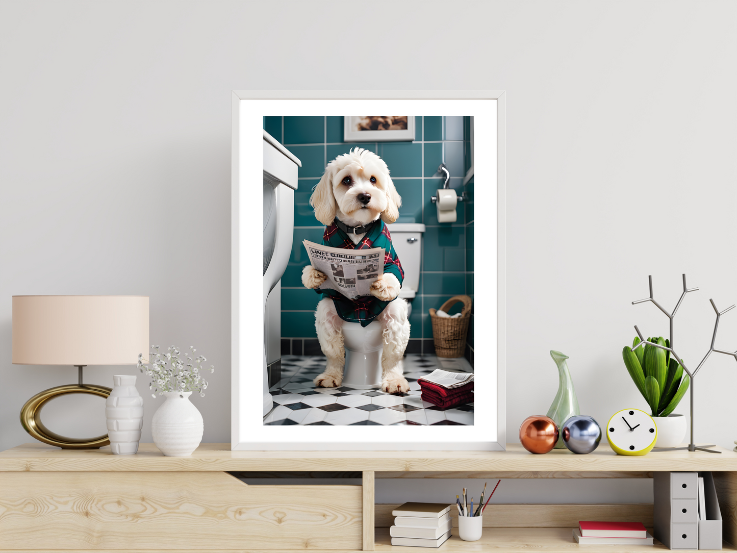White Cockapoo on Toilet