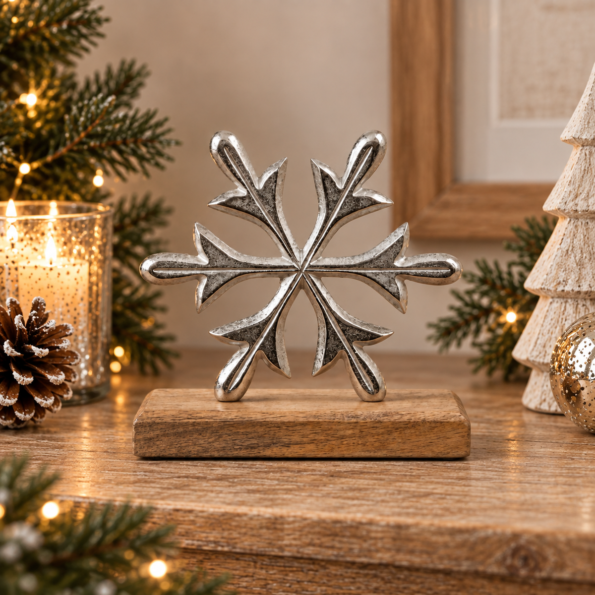 Silver Snowflake On Wooden Base