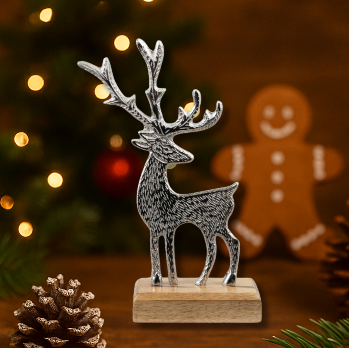 Aluminium Reindeer on Wooden Base