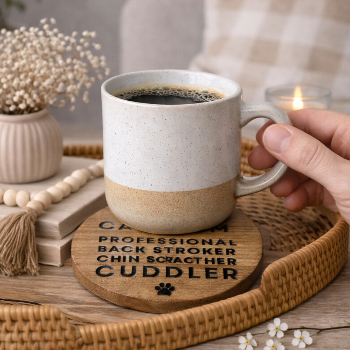 'Cat Mum' Round Wooden Coaster