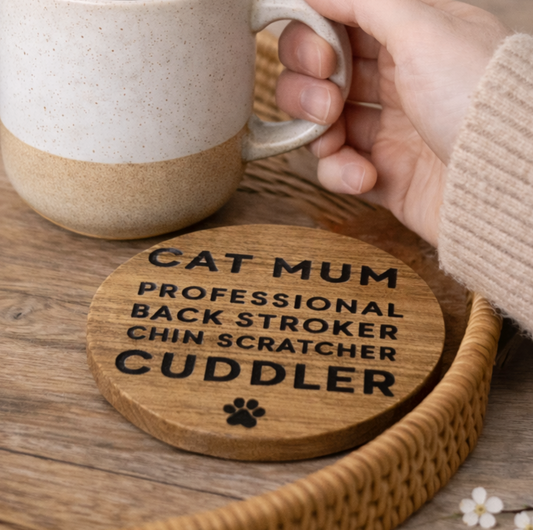 'Cat Mum' Round Wooden Coaster