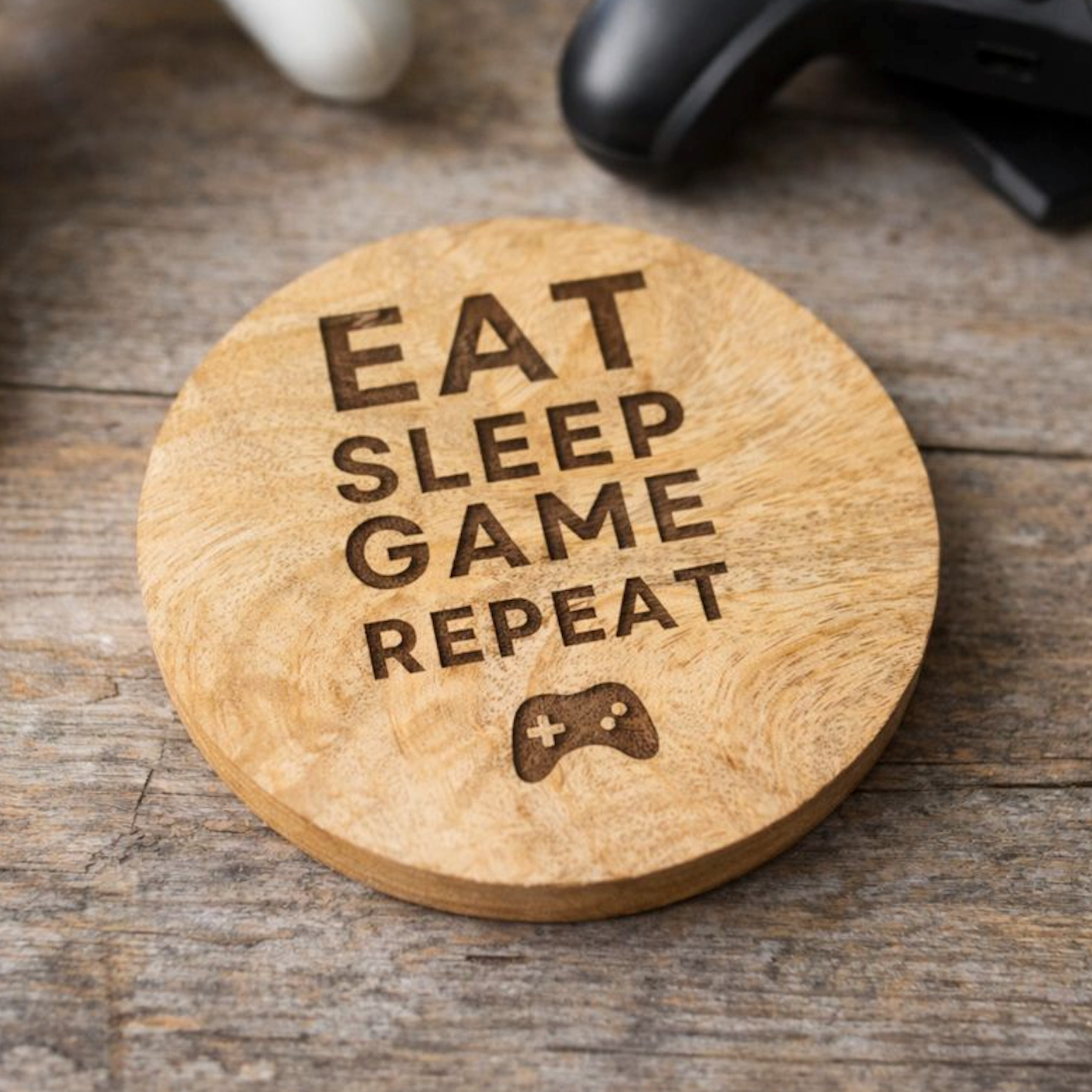 Eat. Sleep. Game. Repeat. Engraved Wooden Coaster