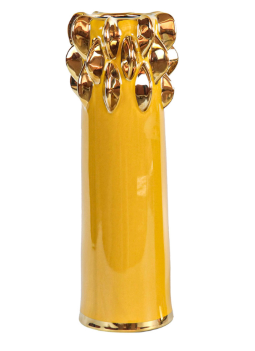 Yellow Ceramic Vase With Gold Design Detail | Large