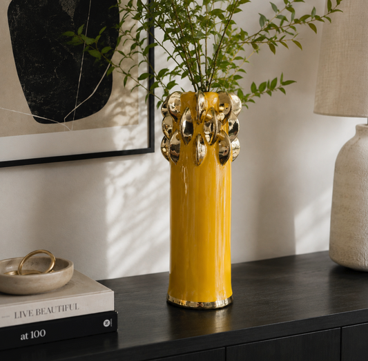 Yellow Ceramic Vase With Gold Design Detail | Large