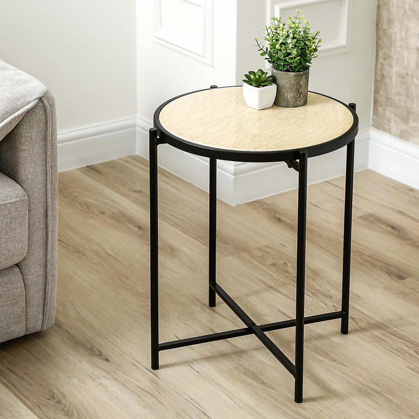 Black Metal End Table With Travertine Marble Top 55cm