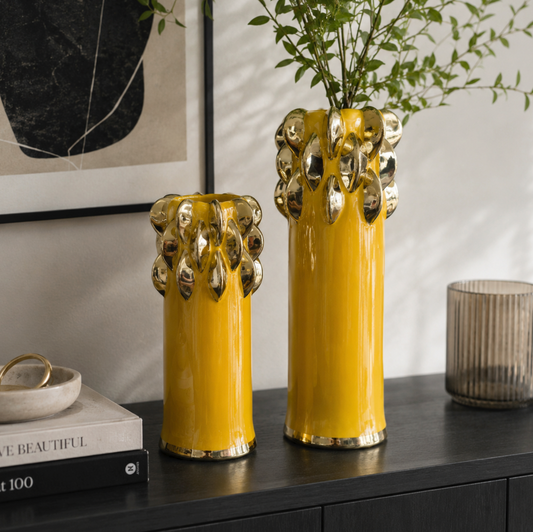 Yellow Ceramic Vase With Gold Design Detail | Large