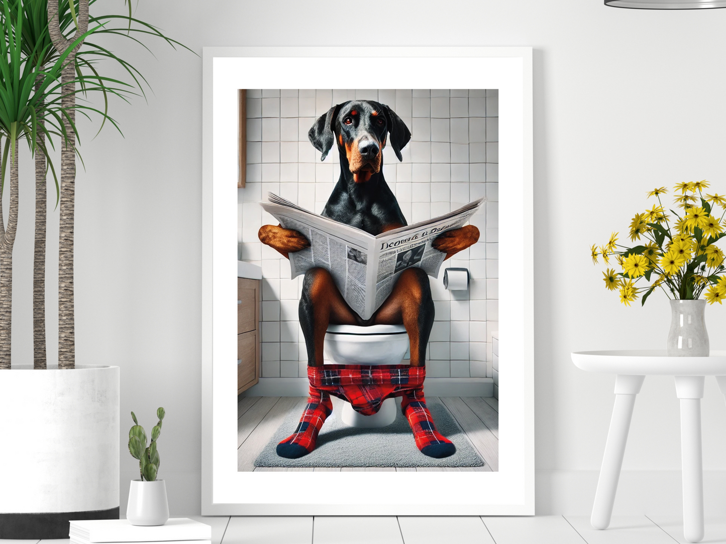 Floppy Ear Doberman on Toilet