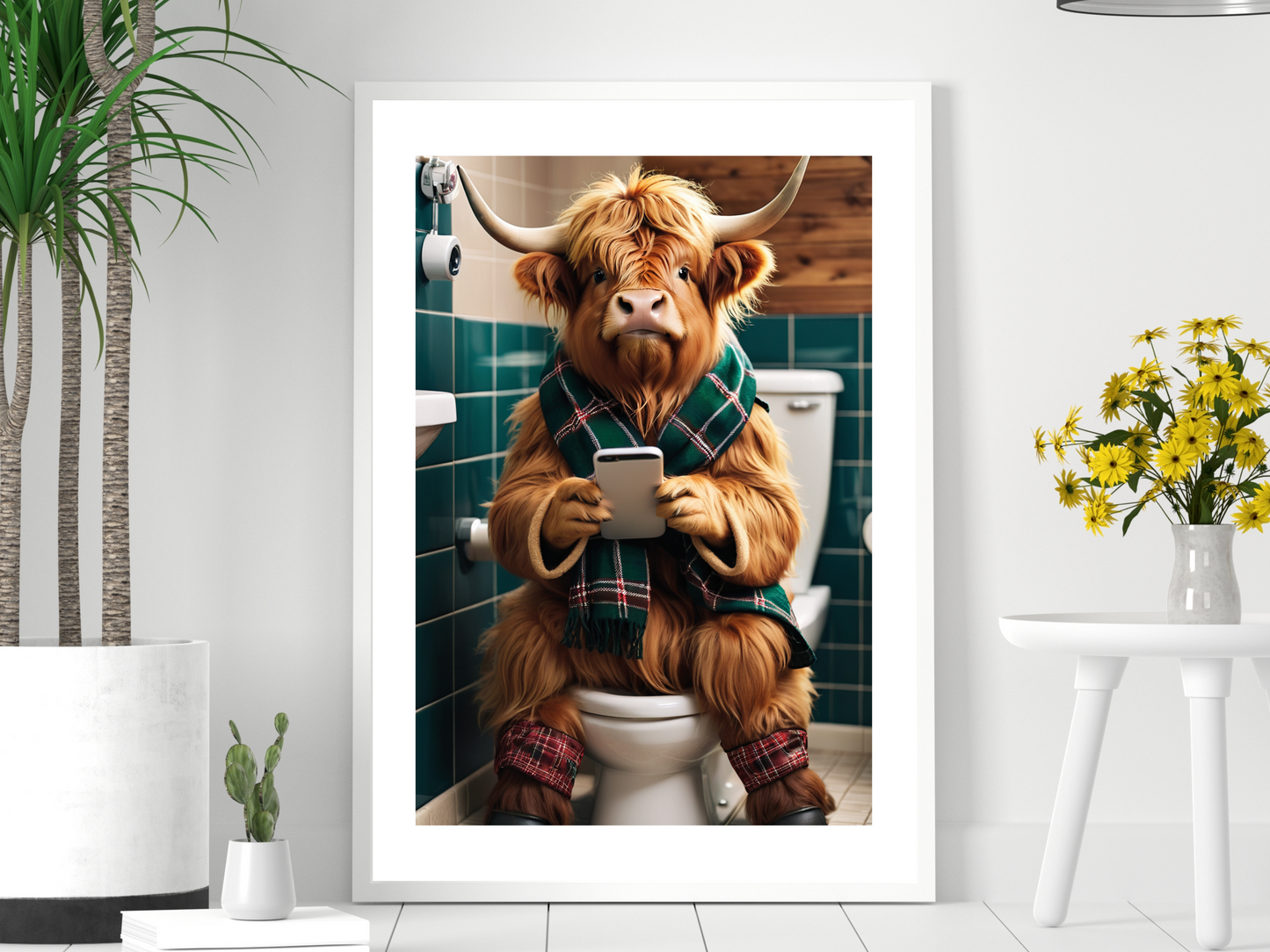 Highland Cow - On Toilet with Phone (Green Tartan Scarf)