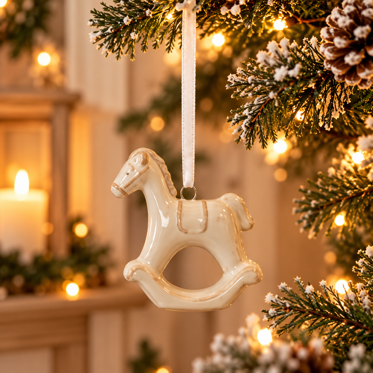 Ceramic Hanging Rocking Horse Christmas decoration in a glossy neutral glaze with a white ribbon