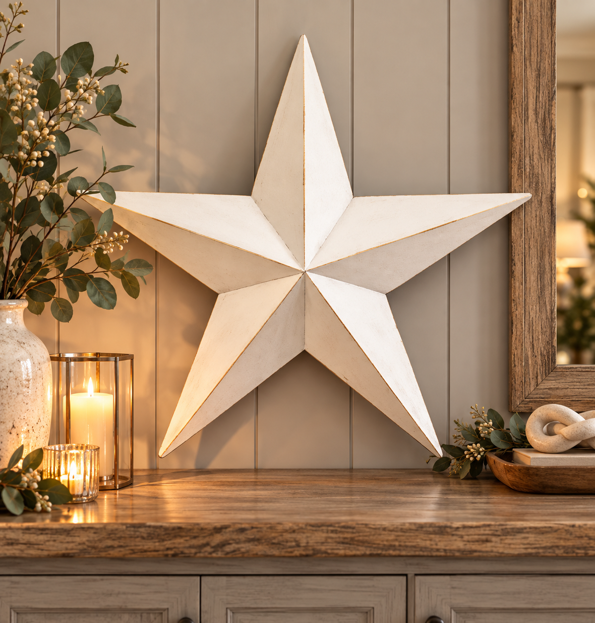 White Metal Barn Star, Large, a 3D rustic star with a subtle distressed white finish