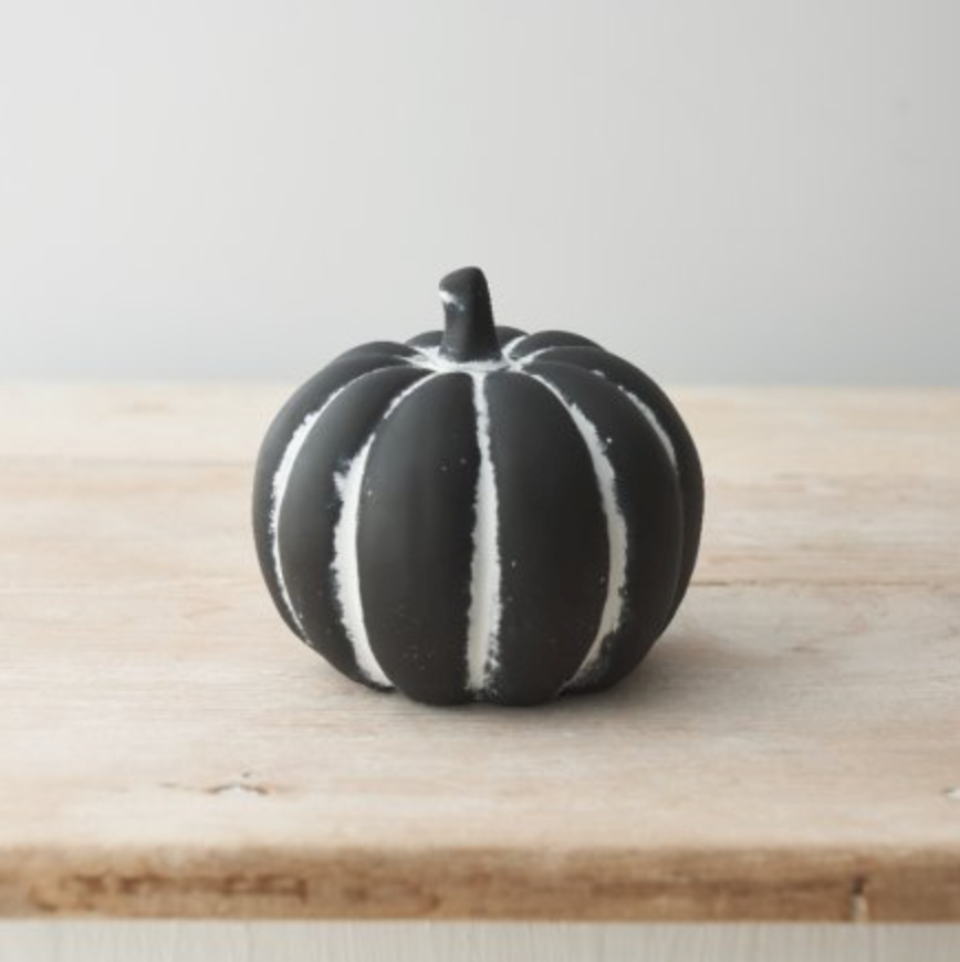 Black Cement Pumpkin Medium with white painted ribs, on a plain pale background