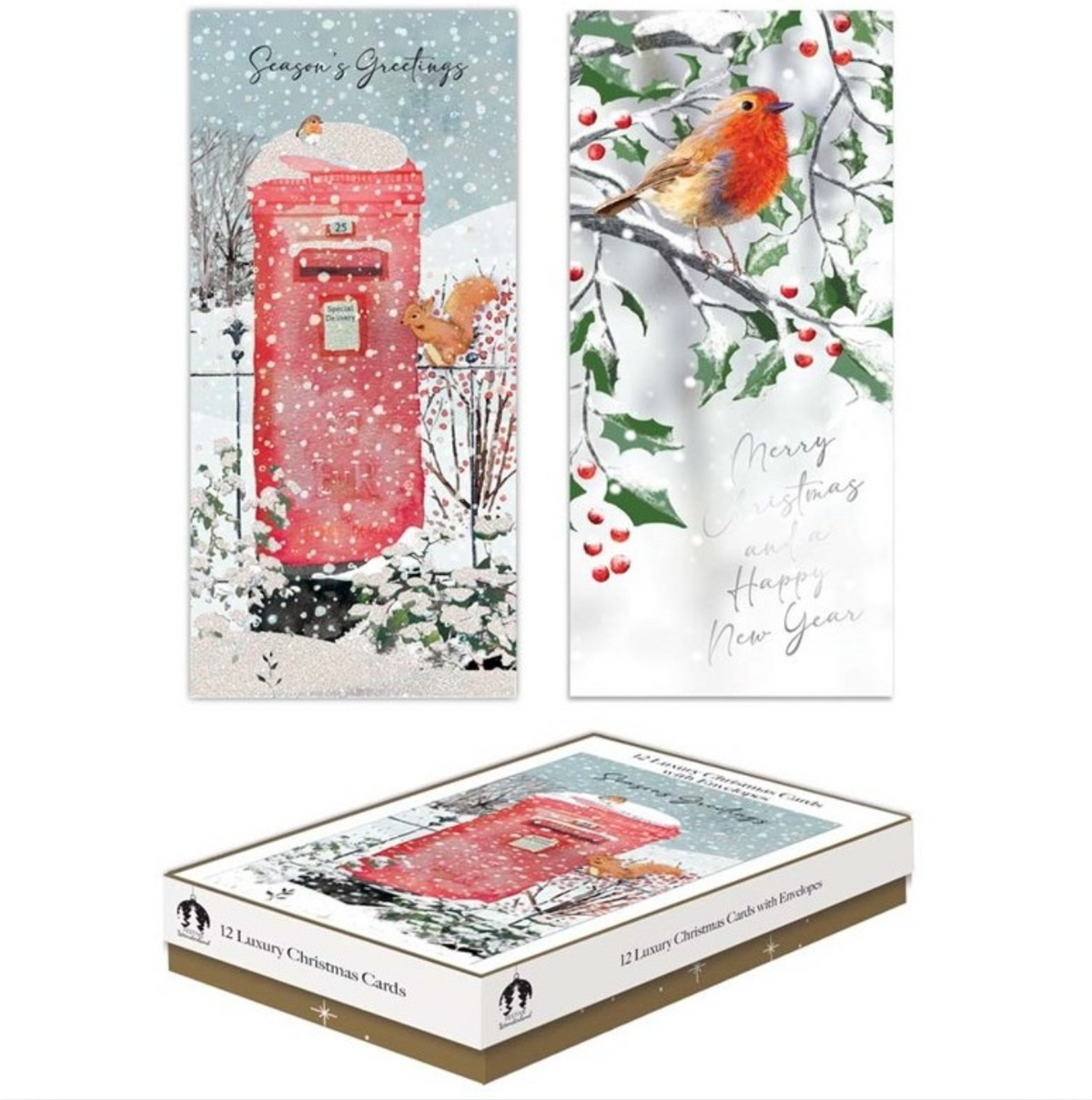 Boxed Traditional Robin Christmas Cards pack with robin card designs and presentation box