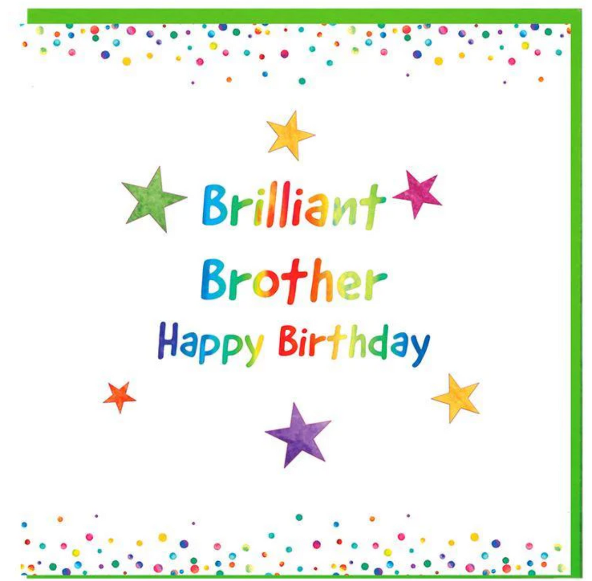 Brilliant Brother Happy Birthday Card, white greetings card with rainbow lettering, stars and confetti border