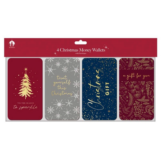 Christmas Contemporary Money Wallets pack of 4 in its cellophane packaging, on white