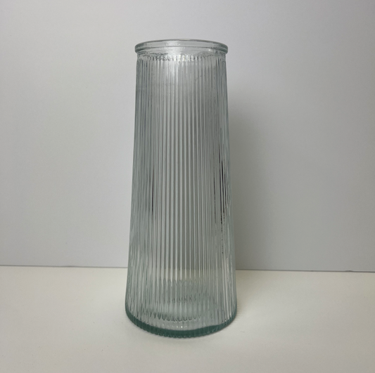 Clear Tall Ribbed Vase, the ribbed glass shown on its own against a plain grey background