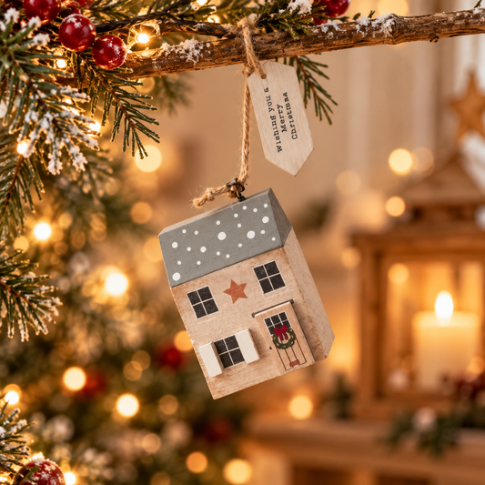 Wishing You A Merry Christmas wooden house decoration, alternative view with its rustic hanging string