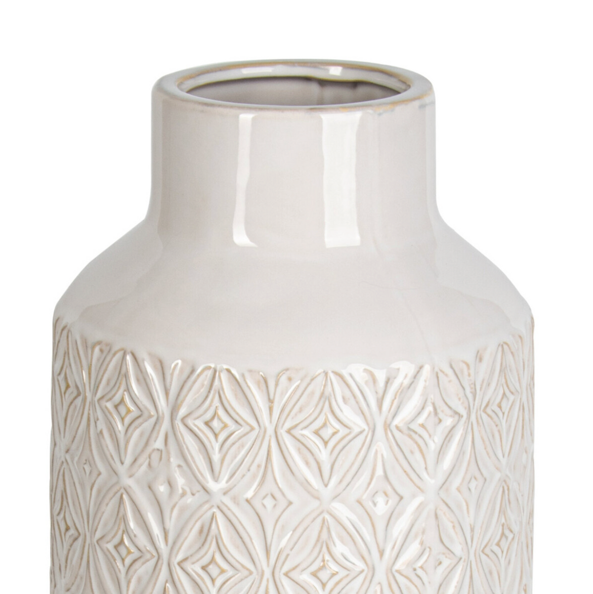 Embossed Ceramic Vase with Geometric Pattern, X-Large, detail of the glossy neck and embossed shoulder