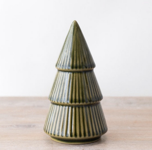 Emerald Green Ceramic Christmas Tree Ornament - Large, glossy green ribbed tree, close view