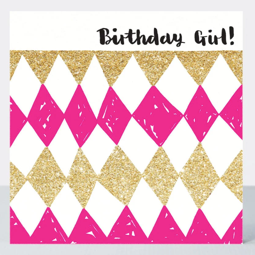 Glitter Birthday Girl! card with pink and gold glitter harlequin diamonds below the lettering
