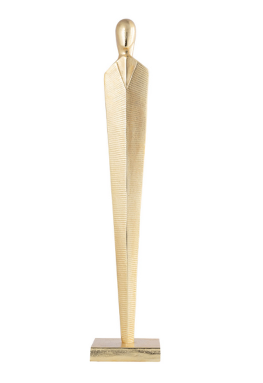 Gold Metal Sculpture 64cm, abstract standing figure on a square base, on a white background