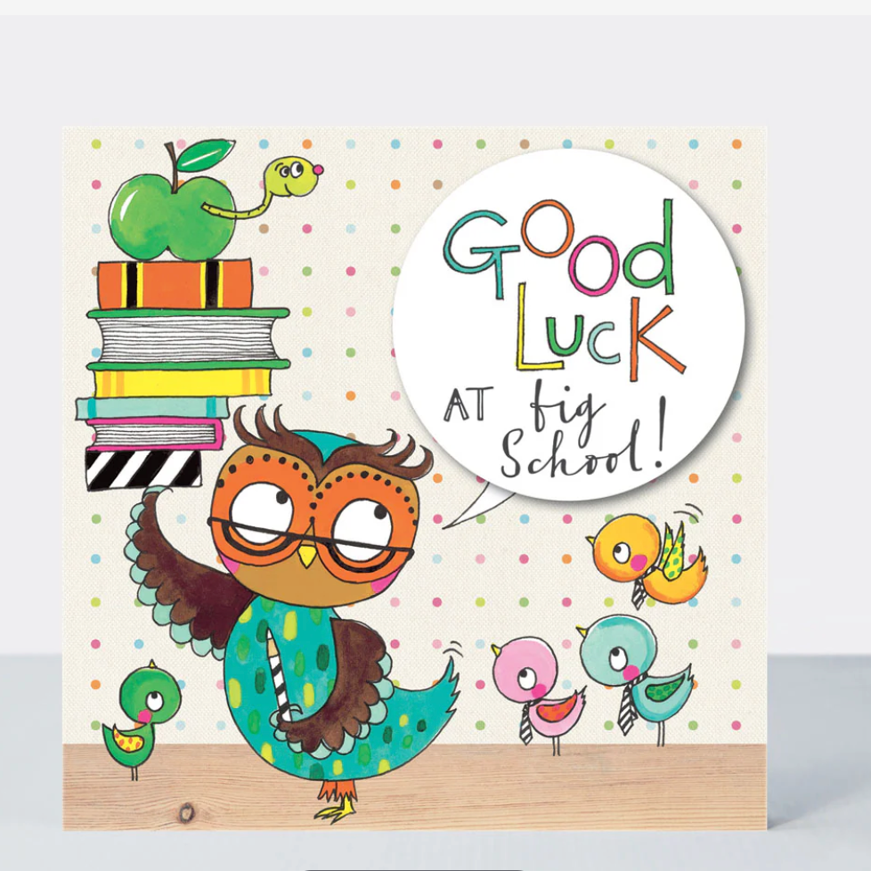 Good Luck at Big School Card with a cartoon owl, books and an apple, and colourful Good Luck lettering