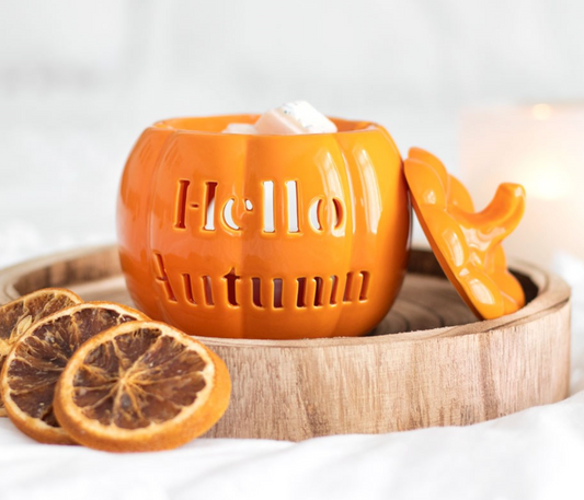 Hello Autumn Pumpkin Wax/Oil Burner with its stalk lid lifted off, on a tray with dried orange slices