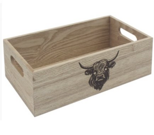 Highland Cow Wooden Storage Box, alternative view showing the cut-out handles at each end