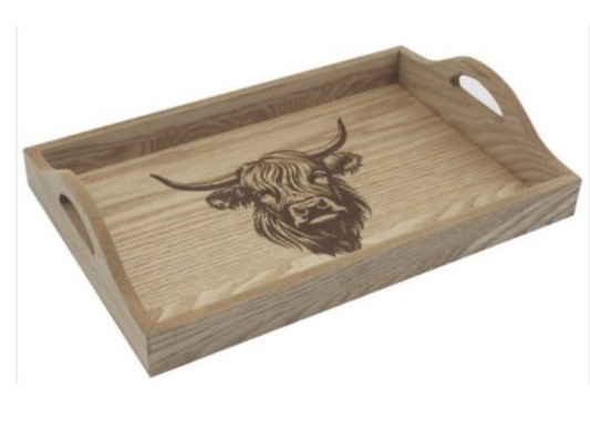Highland Cow Wooden Tray, alternative view showing the raised sides and cut-out carry handles