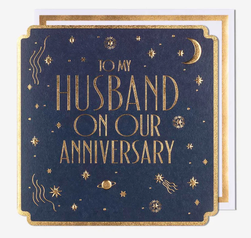 Husband Moon & Stars anniversary card, gold text with moons and stars on navy