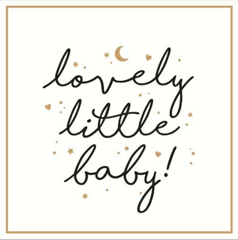 Lovely Little Baby greetings card with black handwritten script and small gold stars on a white background