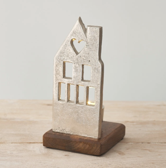 Metal House Tealight Holder On Wooden Base, cream metal house with window cut-outs, front view