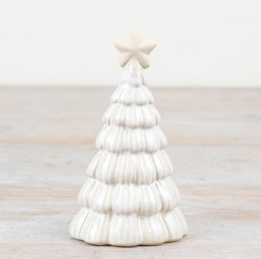 Neutral Star Tree Ornament - Small, white ribbed ceramic tree with star on a wooden table