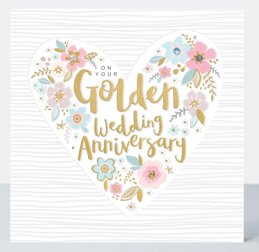 On Your Golden Anniversary card with gold Golden Wedding Anniversary lettering in a floral heart