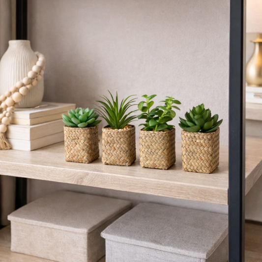 Petite Artificial Succulent in Woven Basket, a row of mini succulents in woven pots on a shelf unit