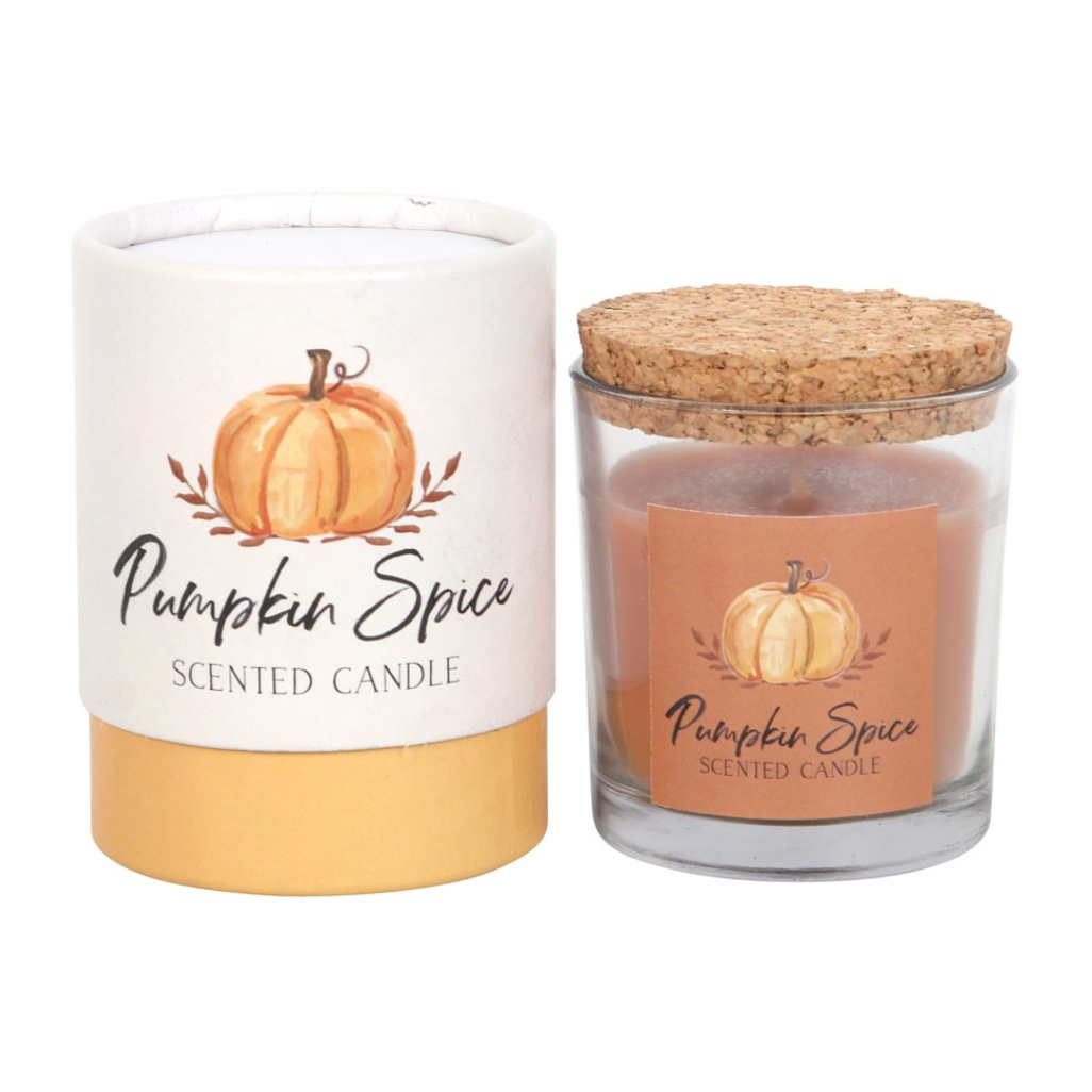 Pumpkin Spice Autumn Candle with cork lid next to its white and orange box, on white