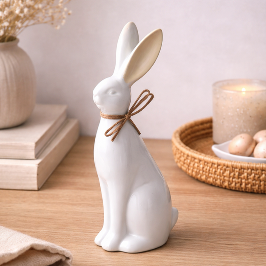 Sitting Rabbit Ornament, Small, glossy white rabbit with bow on a table by a candle