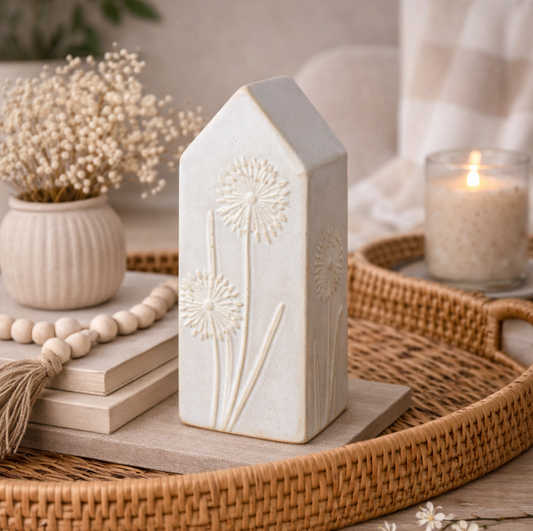 Tall Ceramic House Ornament & Dandelion Design, white house ornament with candle and beads