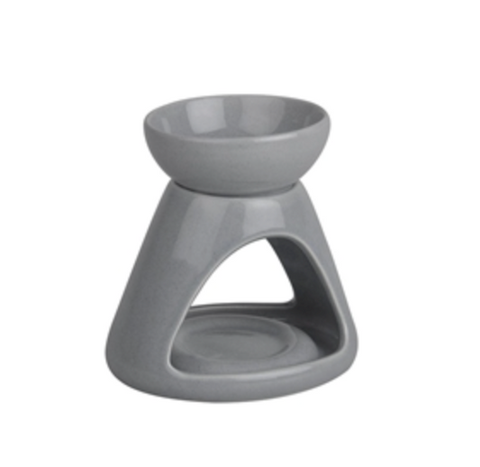 Triangle Cut Out Wax/oil Burner in grey ceramic with a triangular opening for a tealight, on a white background