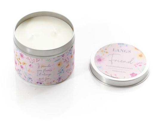 Vanilla & Fig If Friends Were Flowers Soy Tin Candle, open pink floral tin and lid on a white background