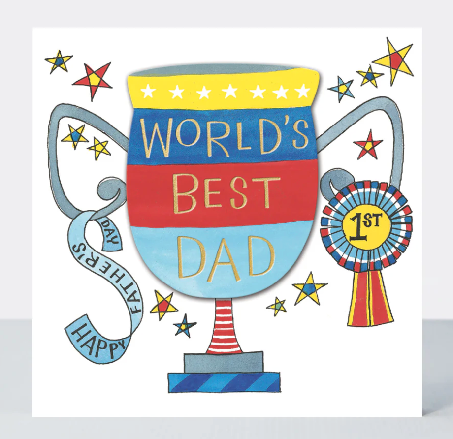 World's Best Dad Trophy card with a colourful illustrated trophy, stars and a rosette