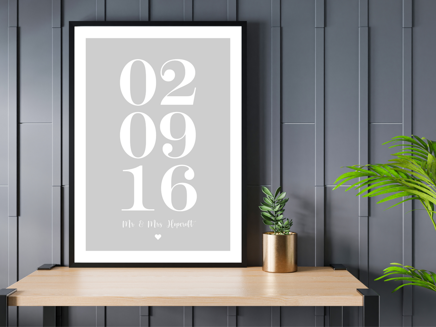 Personalised Date & Text Heart Print (Grey)