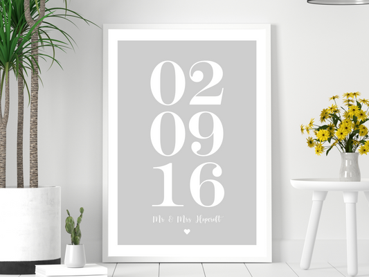 Personalised Date & Text Heart Print (Grey)