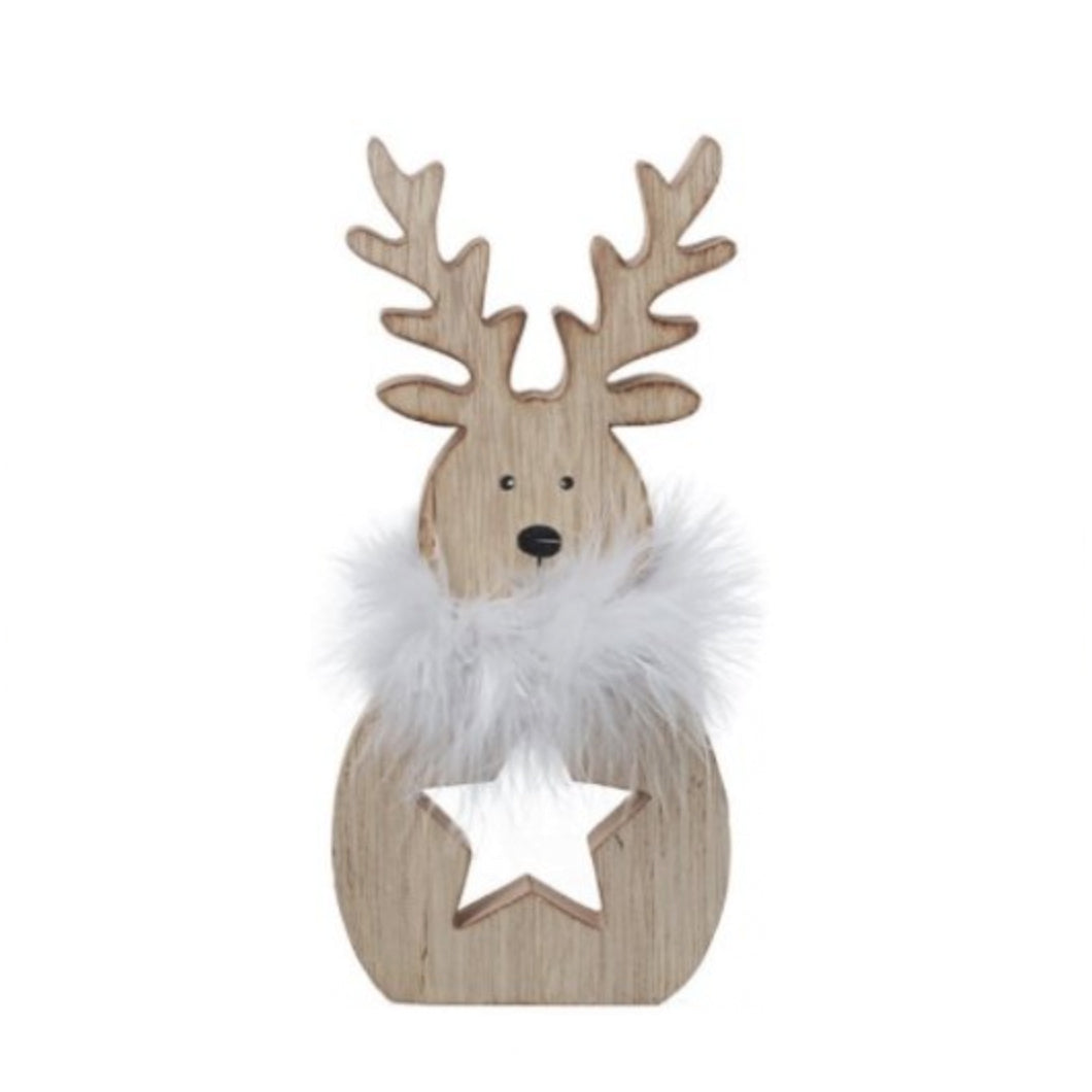 Wooden Reindeer & Fluffy Scarf decoration with a cut-out star and white faux fur scarf